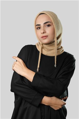 Bej Bağcıklı Peluş Balaklava Boyunluklu Bere Jakar Düz - Hürrem Bone 2327_12