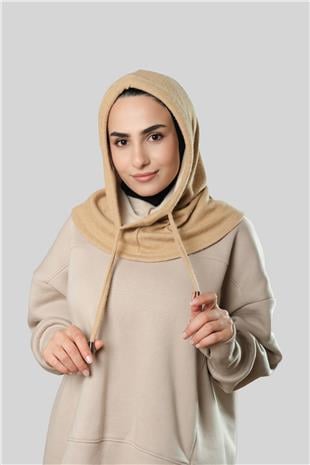 Bej Bağcıklı Peluş Salaş Balaklava Boyunluklu Bere Jakar Düz - Hürrem Bone 2328_12