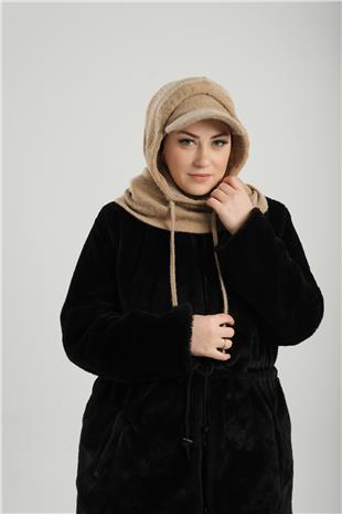 Bej Bağcıklı Peluş Salaş Şapkalı Balaklava Boyunluklu Bere Jakar Düz - Hürrem Bone 2332_12