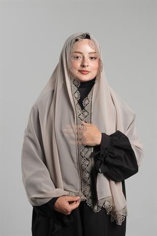 Bej Namaz Başörtüsü Şal Şifon Kumaş Güpürlü - Hürrem Bone 202106_12