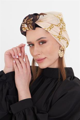 Bej Pratik Hazır Geçmeli Tesettür Bone Kesik Elyaf Retro Desenli - Hürrem Bone 2409_12