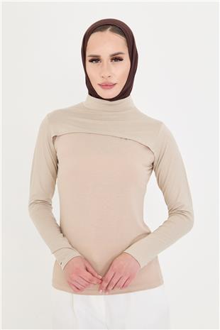 Bej Tesettür Balıkçı Yaka Boyunluklu Kolluk Viskon Düz - Hürrem Bone 1025_12
