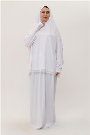 Beyaz Namaz Elbisesi Elbise Pamuk Kumaş Düz - Hürrem Bone 2205_42