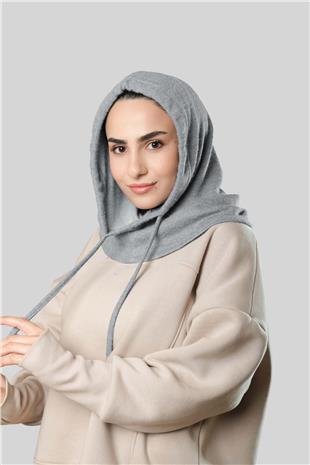 Gri Bağcıklı Peluş Salaş Balaklava Boyunluklu Bere Jakar Düz - Hürrem Bone 2328_15