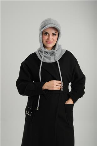 Gri Bağcıklı Peluş Salaş Şapkalı Balaklava Boyunluklu Bere Jakar Düz - Hürrem Bone 2332_15
