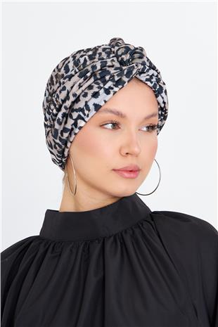 Gri Çapraz Büzgülü Tesettür Bone Sandy Leopar Desen - Hürrem Bone 2511_15