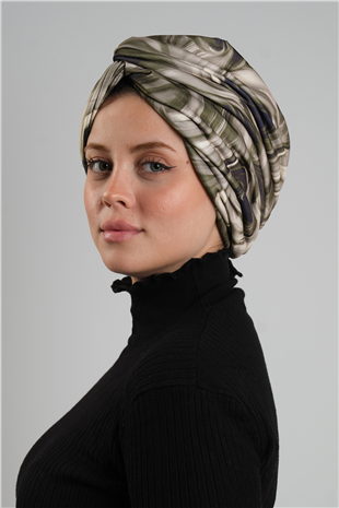 Haki Çapraz Büzgülü Tesettür Bone Sandy Desenli - Hürrem Bone 2511_09