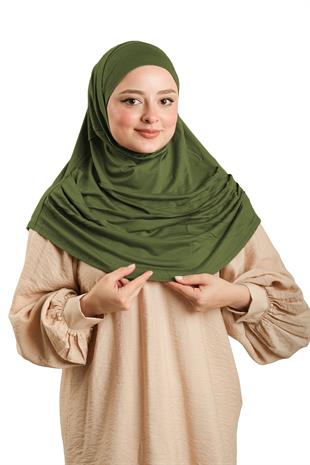 Haki Pratik Hazır Geçmeli Tesettür Eşarp Viskon Boneli Büyük Boy - Hürrem Bone 1290BV_09