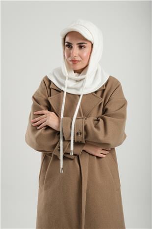 Krem Bağcıklı Peluş Salaş Şapkalı Balaklava Boyunluklu Bere Jakar Düz - Hürrem Bone 2332_40