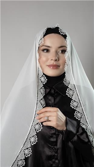 Krem Namaz Başörtüsü Şal Şifon Kumaş Güpürlü - Hürrem Bone 202106_40