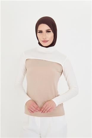 Krem Tesettür Balıkçı Yaka Boyunluklu Kolluk Viskon Düz - Hürrem Bone 1025_40