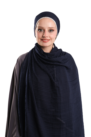 Lacivert Müslin Şal Biyeli Nefes Alan Pamuksu Dokulu Krinkıl - Hürrem Bone 202139_02