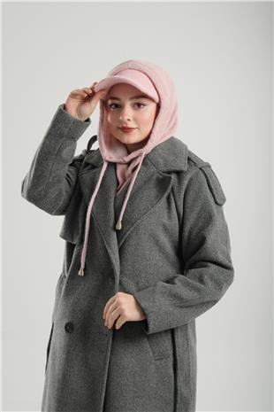 Pudra Bağcıklı Peluş Salaş Şapkalı Balaklava Boyunluklu Bere Jakar Düz - Hürrem Bone 2332_06