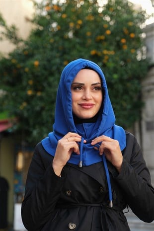 Saks Mavisi Bağcıklı Salaş Balaklava Boyunluklu Bere Triko Düz - Hürrem Bone 2326_24