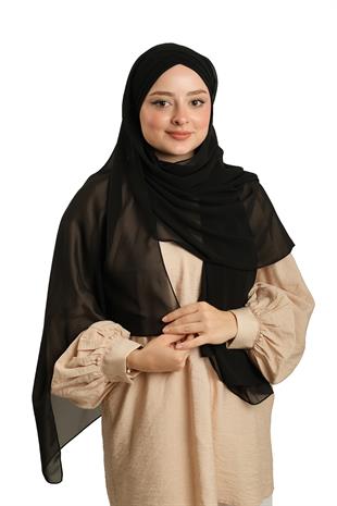 Siyah Arkadan Bağlamalı Şal Şifon Çapraz Üç Bantlı - Hürrem Bone 1457_01