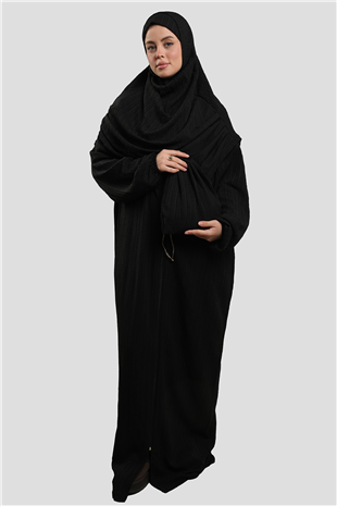 Siyah İki Parça Fermuarlı Namaz Elbisesi Dokuma Kendinden Desenli - Hürrem Bone 2516_01