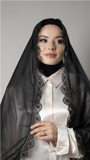Siyah Namaz Başörtüsü Şal Şifon Kumaş Güpürlü - Hürrem Bone 202106_01