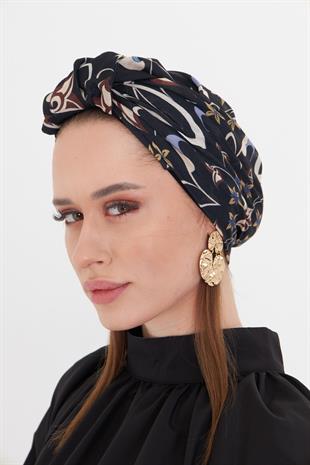 Siyah Pratik Hazır Geçmeli Tesettür Bone Kesik Elyaf Retro Desenli - Hürrem Bone 2409_01