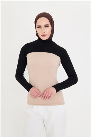 Siyah Tesettür Balıkçı Yakalı Boyunluklu Kolluk Viskon Düz - Hürrem Bone 1025_01