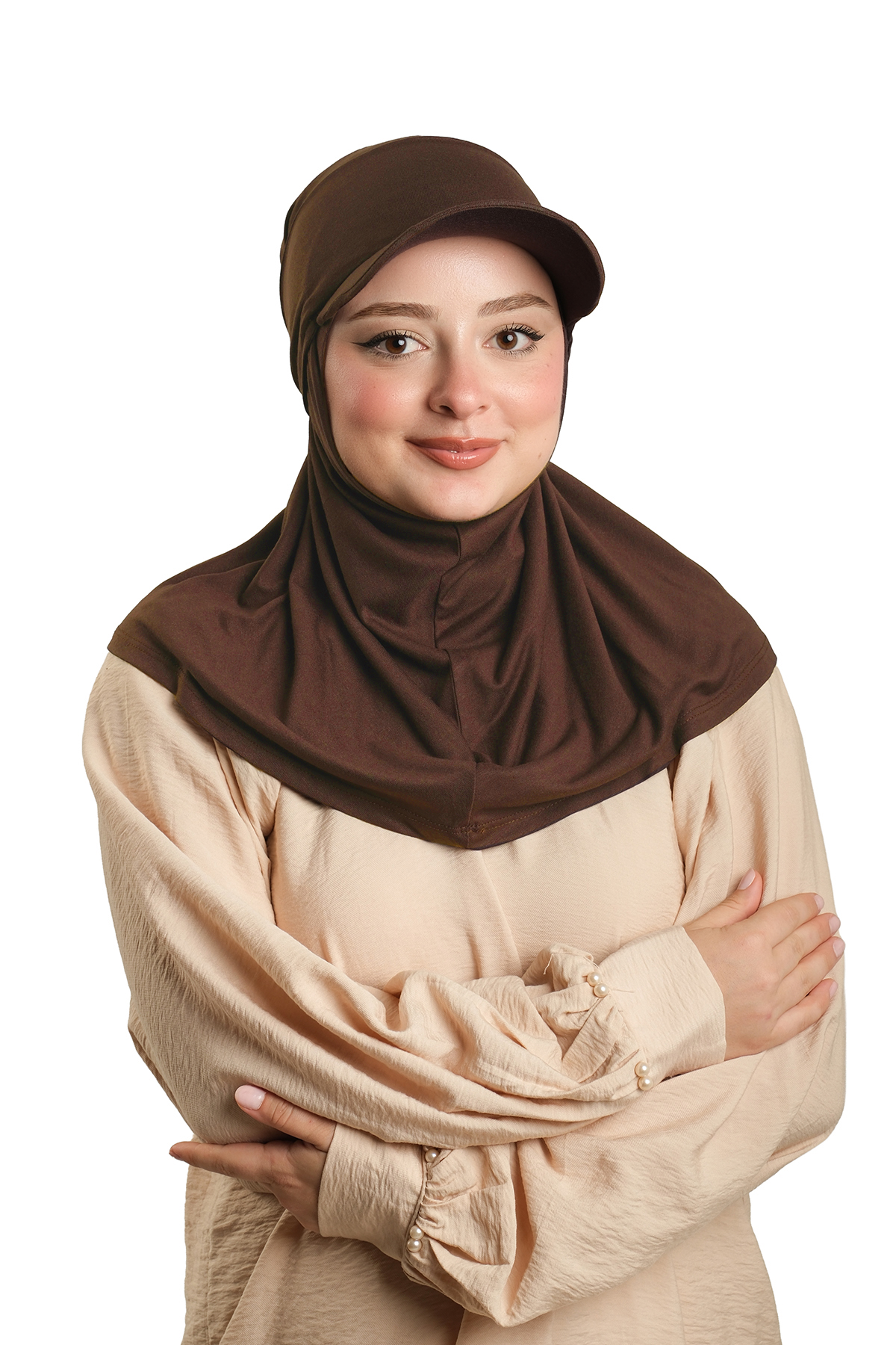 Açık Kahve Pratik Hazır Geçmeli Şapkalı Tesettür Eşarp Viskon Düz - Hürrem Bone 2513_47