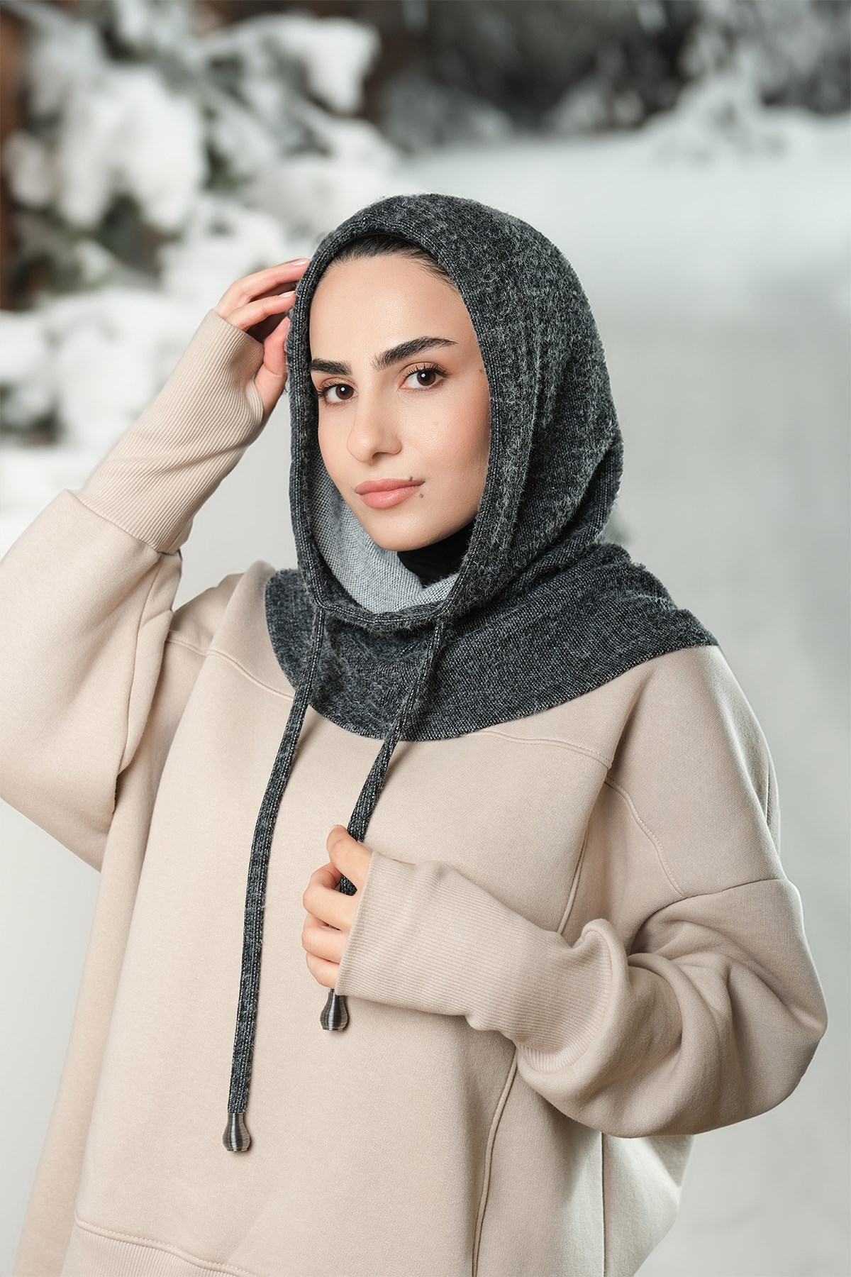 Antrasit Bağcıklı Peluş Salaş Balaklava Boyunluklu Bere Jakar Düz - Hürrem Bone 2328_25