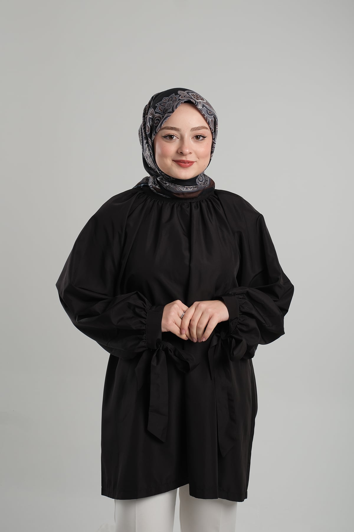 Antrasit Desenli Eşarp Kesik Elyaf Pamuksu Etnik Dijital Baskılı - Hürrem Bone 202207_25