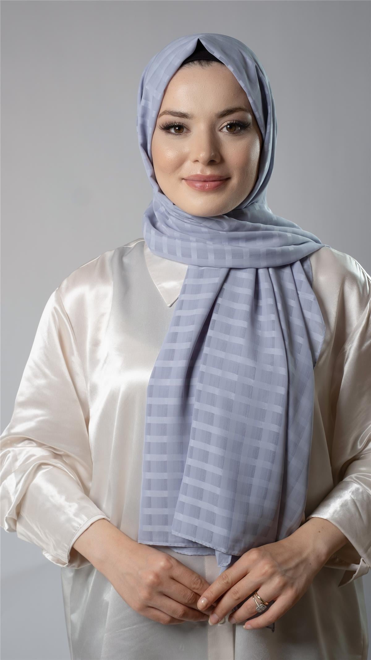 Antrasit Desenli Şal Şifon Kumaş Kareli Çizgili - Hürrem Bone 202107_25