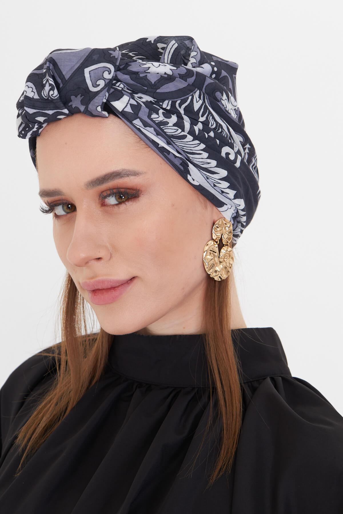 Antrasit Pratik Hazır Geçmeli Tesettür Bone Kesik Elyaf Retro Desenli - Hürrem Bone 2409_25