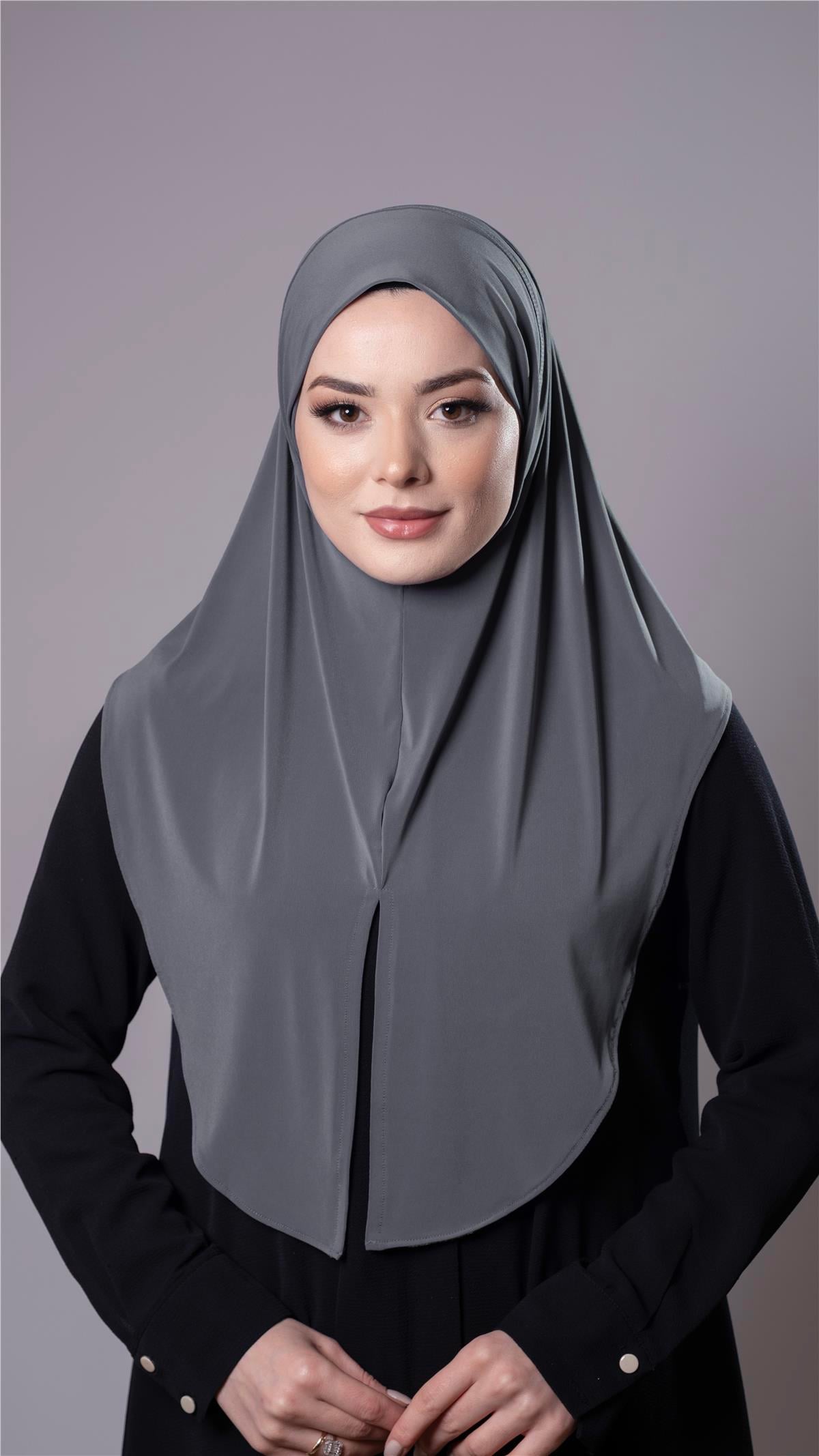 Antrasit Pratik Hazır Geçmeli Tesettür Eşarp Sandy Kumaş Yırtmaçlı Düz Hijab - Hürrem Bone 2310_25