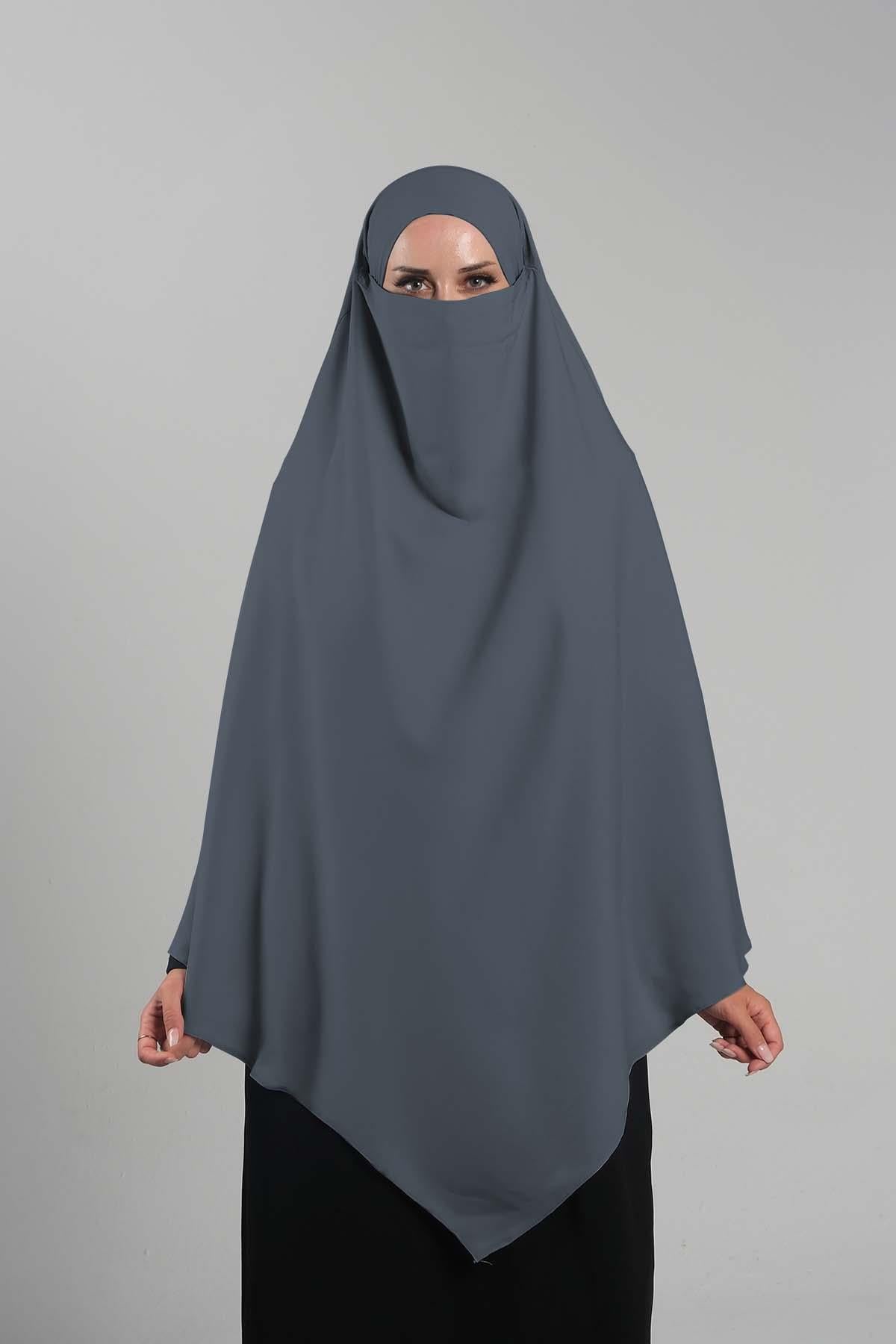 Antrasit Pratik Hazır Geçmeli Tesettür Eşarp Krep Bağcıklı Çift Katlı Sufle Hijab - Hürrem Bone 2314_25
