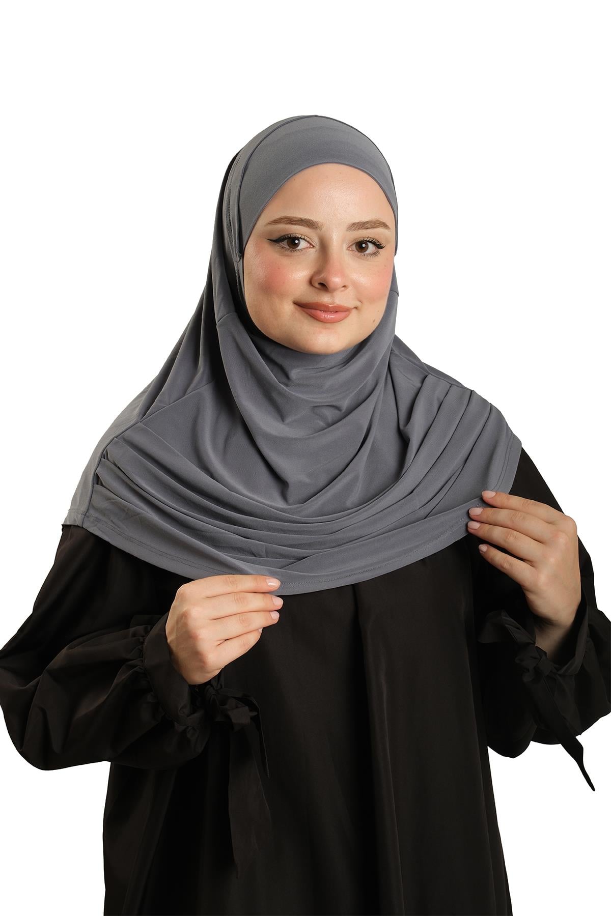 Antrasit Pratik Hazır Geçmeli Tesettür Eşarp Sandy Kumaş Kendinden Boneli - Hürrem Bone 1290_25