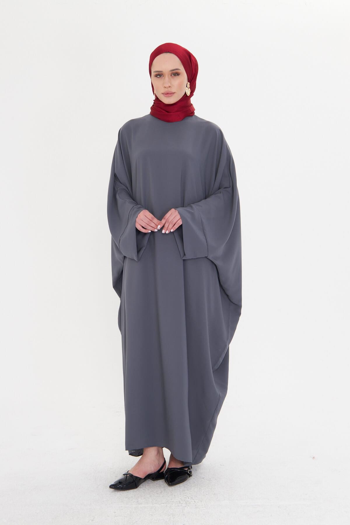 Antrasit Yarasa Kol Oversize Medine İpeği Arkası Düğmeli Düz Elbise - Hürrem Bone 4001_25