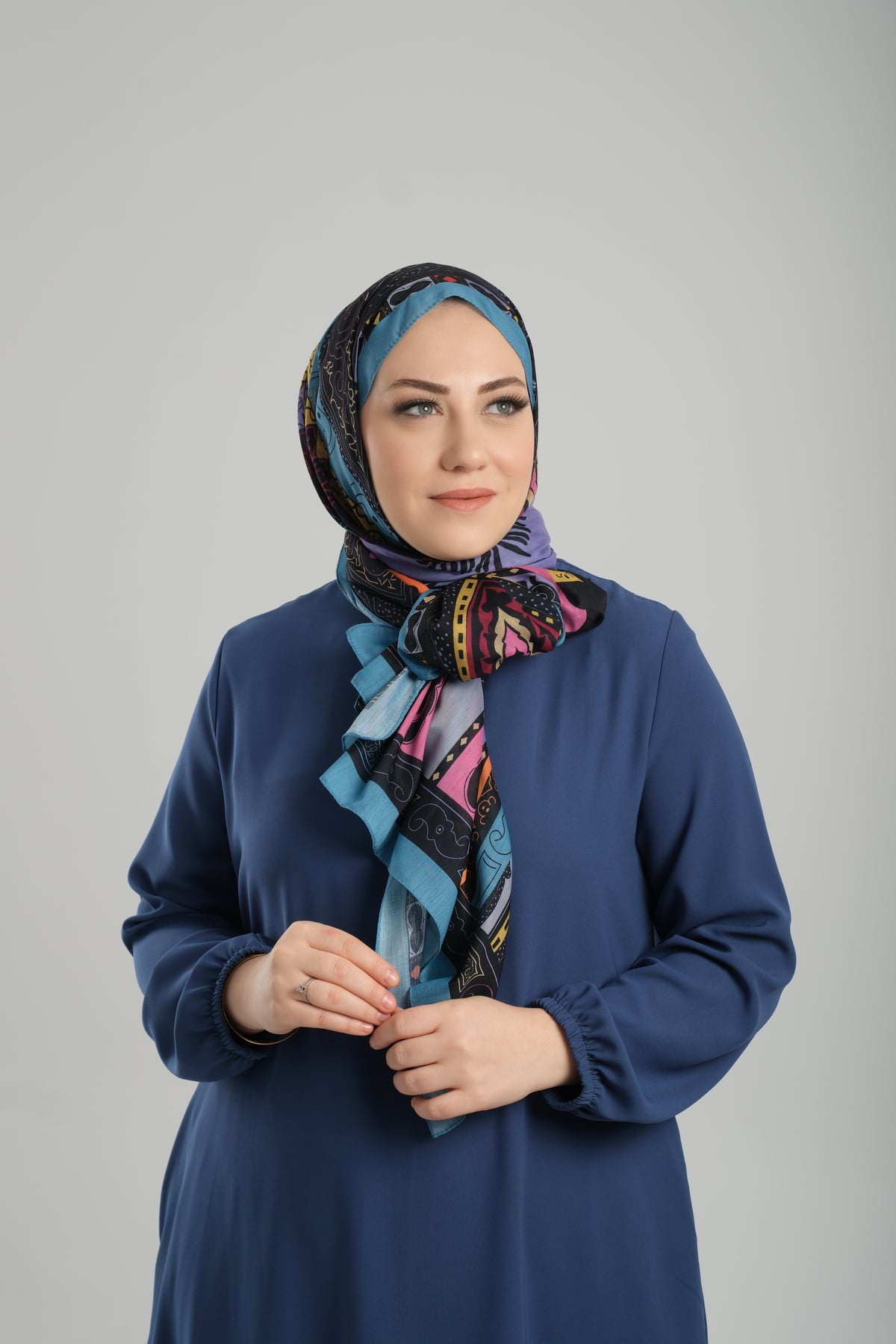 Bebe Mavisi Desenli Şal Kesik Elyaf Pamuksu Etnik Dijital Baskılı - Hürrem Bone 202124_11