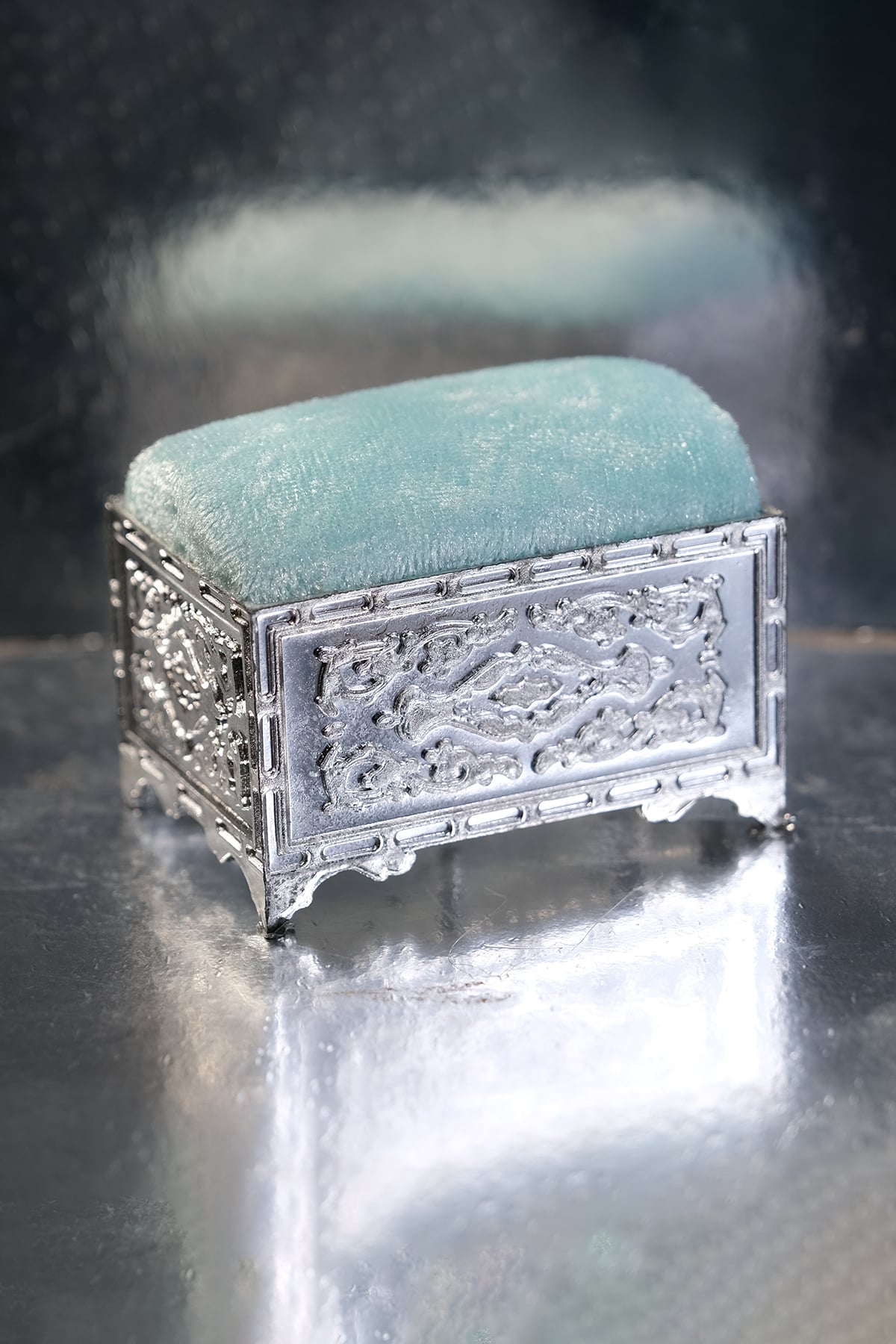 Bebe Mavisi Eşarp Şal İğnedanlık Kadife Gümüş Sandık - Hürrem Bone 5006_11