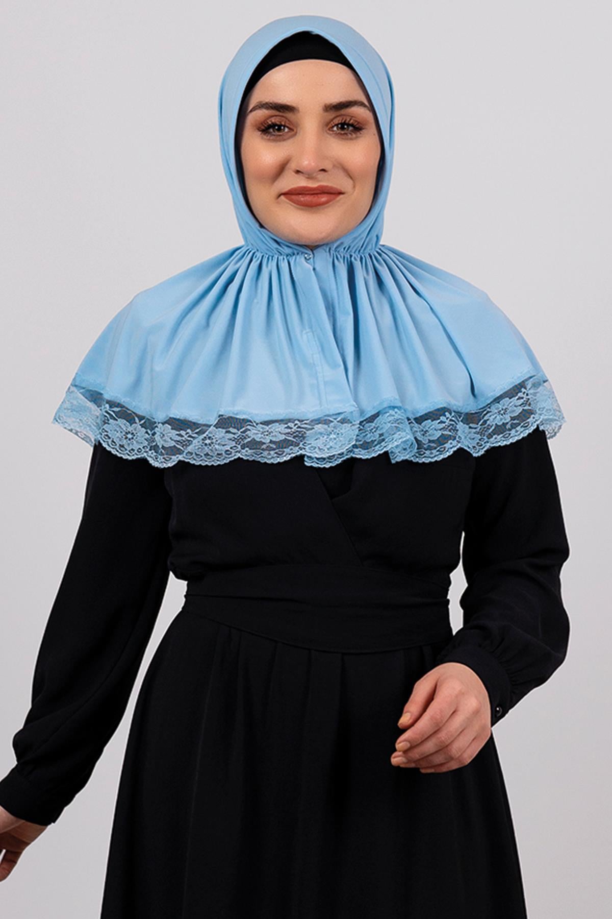 Bebe Mavisi Pratik Hazır Geçmeli Tesettür Eşarp Viskon Kumaş Çıtçıtlı Dantelli - Hürrem Bone 2105_11