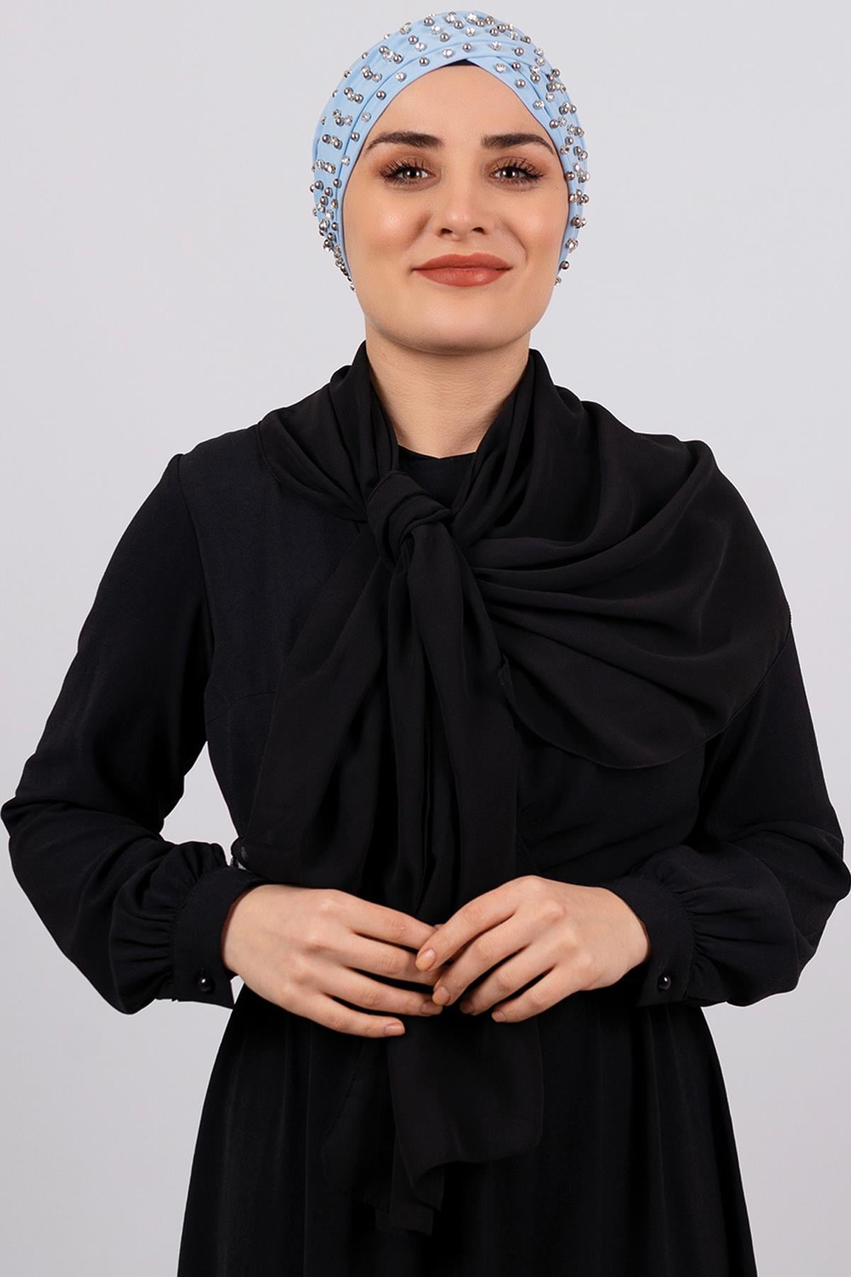 Bebe Mavisi Pratik Hazır Geçmeli Tesettür Bone Sandy Kumaş Taşlı - Hürrem Bone 1456_11