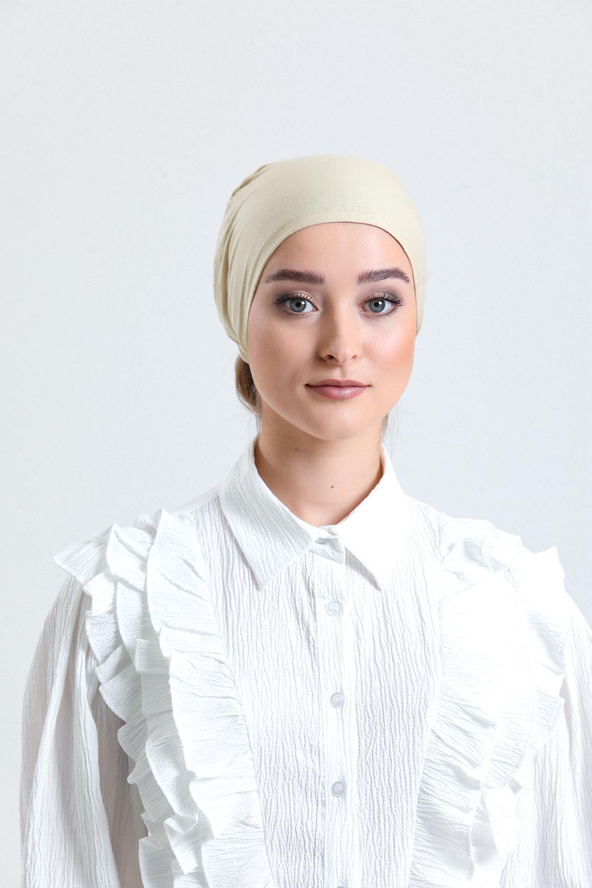 Bej Arkadan Bağlamalı Tesettür Bone Penye Kumaş Düz Bone - Hürrem Bone 1011_12