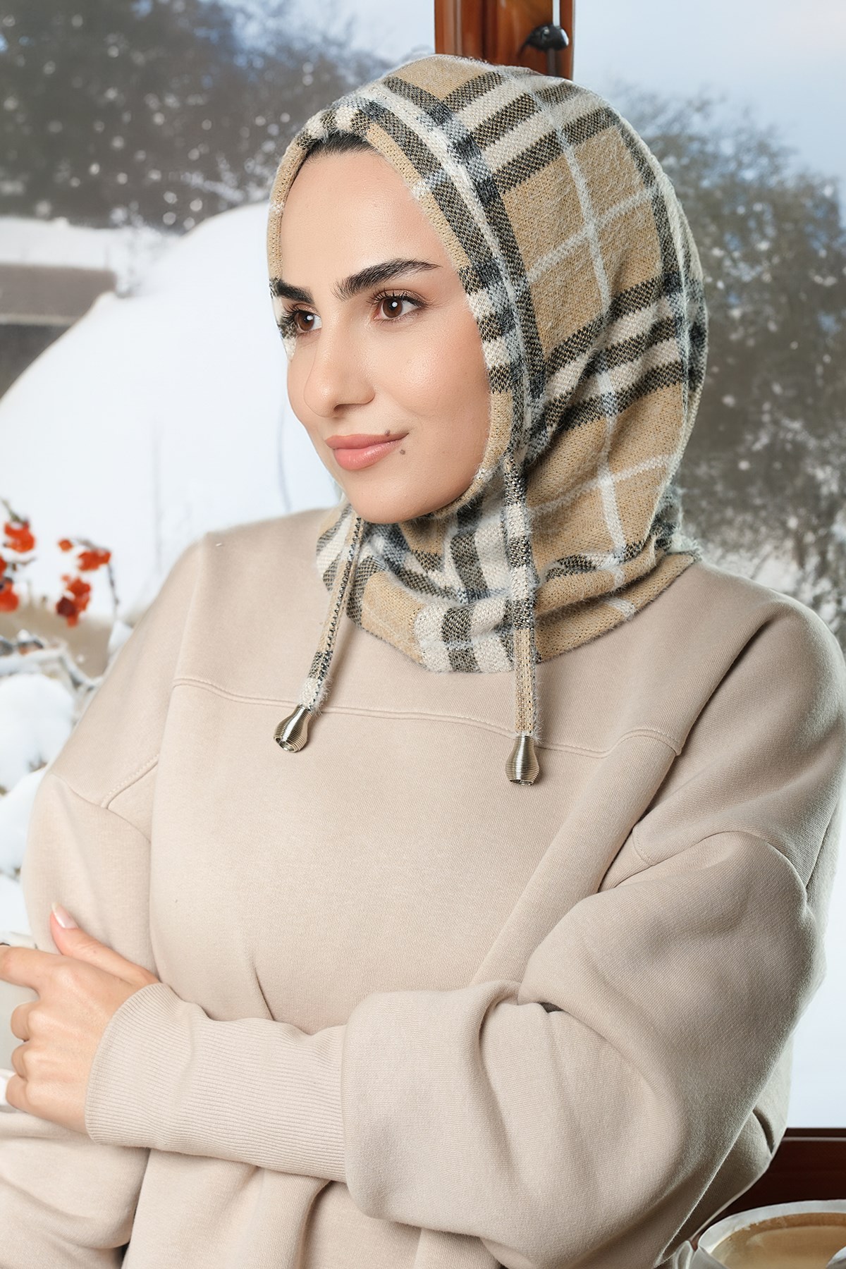 Bej Bağcıklı Balaklava Boyunluklu Bere Jakar Ekoseli - Hürrem Bone 2323_12