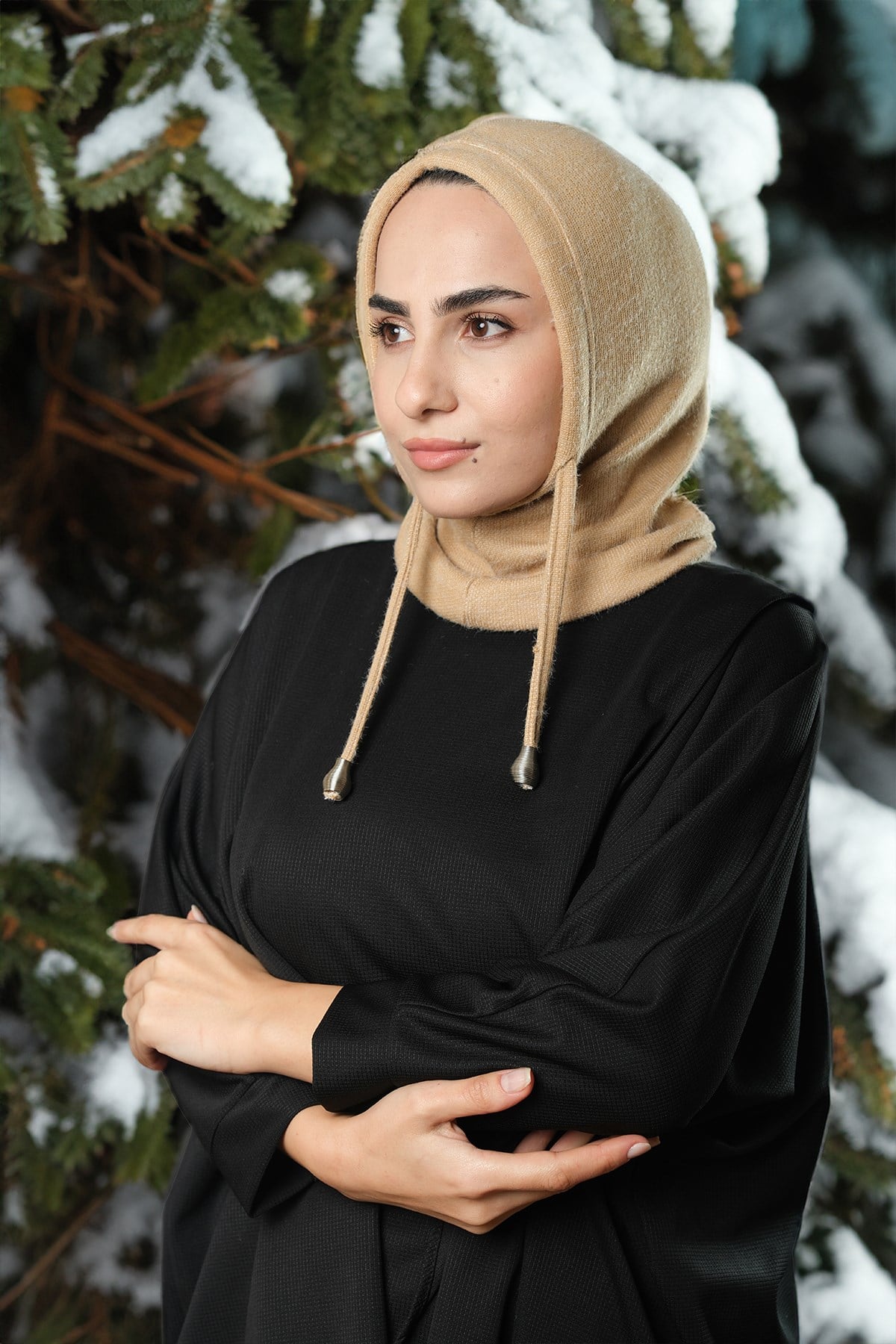 Bej Bağcıklı Peluş Balaklava Boyunluklu Bere Jakar Düz - Hürrem Bone 2327_12