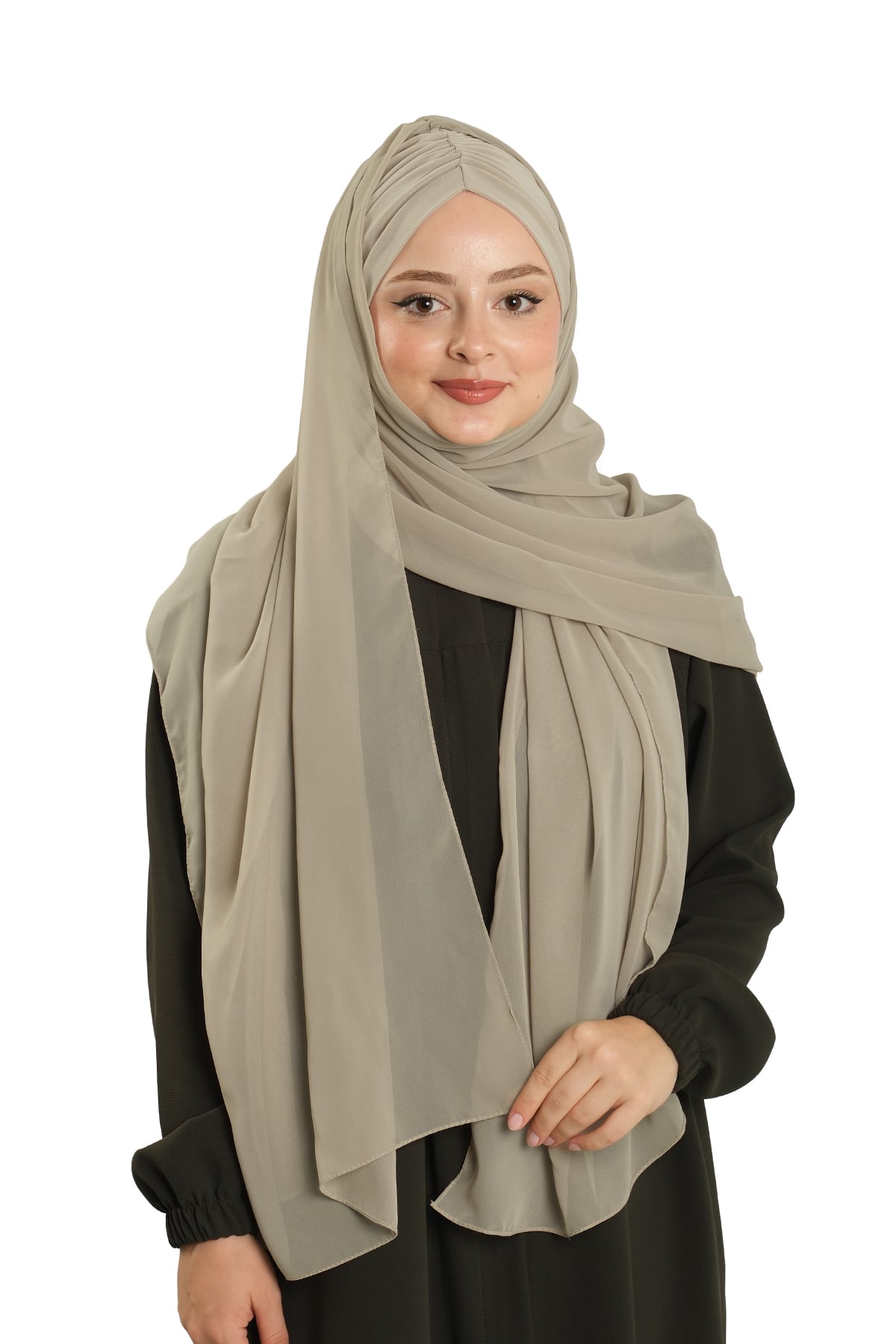 Bej Pratik Hazır Geçmeli Bone Şal Şifon Drapeli - Hürrem Bone 2507_12