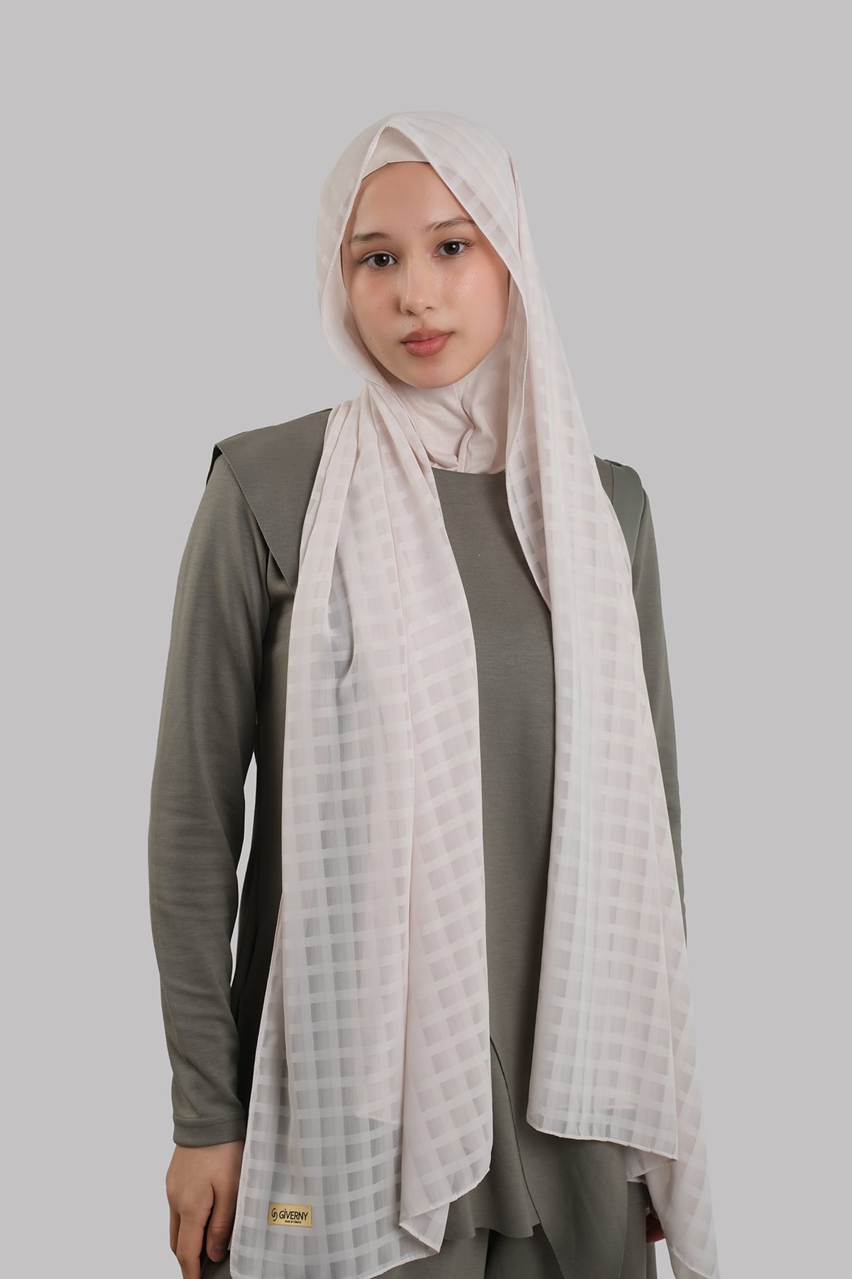 Bej Pratik Hazır Geçmeli Şal Desenli Şifon Hijab Boneli - Hürrem Bone 2415_12