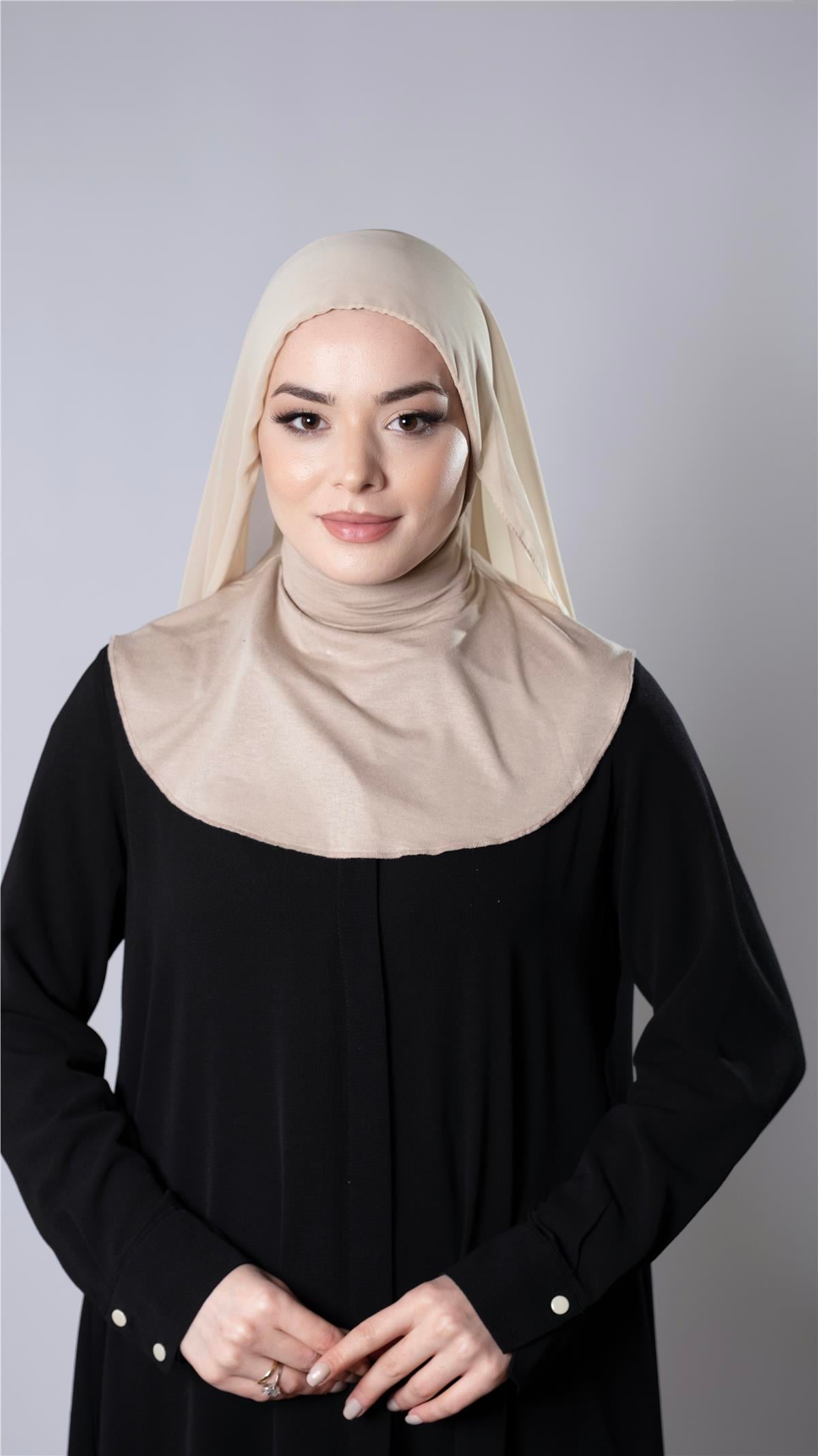 Bej Pratik Hazır Geçmeli Şal Şifon Kumaş Hijab Bone - Hürrem Bone 3009_12