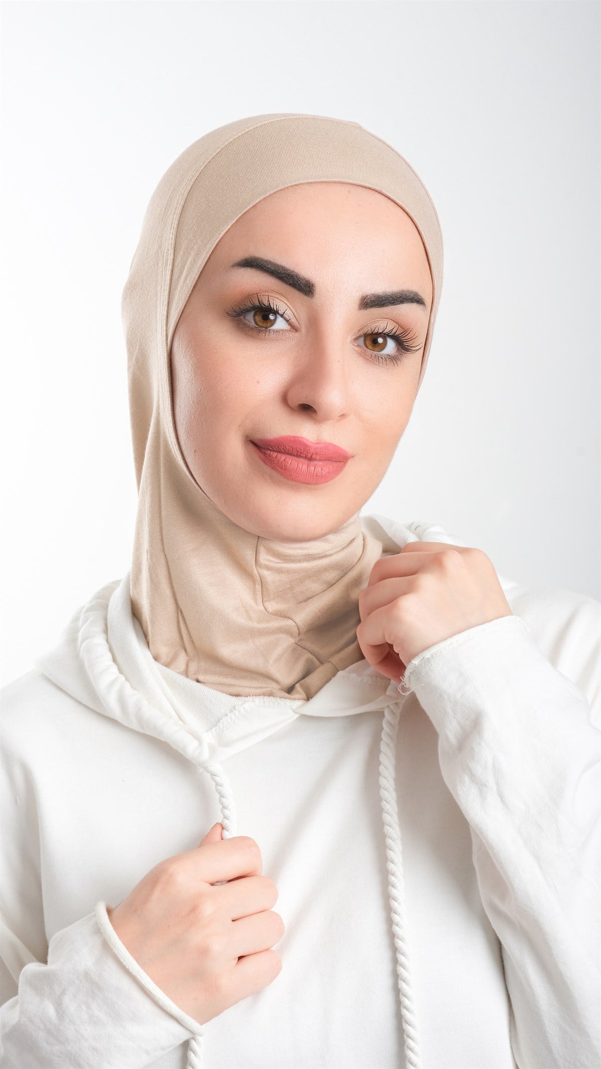 Bej Pratik Hazır Geçmeli Tesettür Bone Sandy Kumaş Lüks Hijab 2115_12
