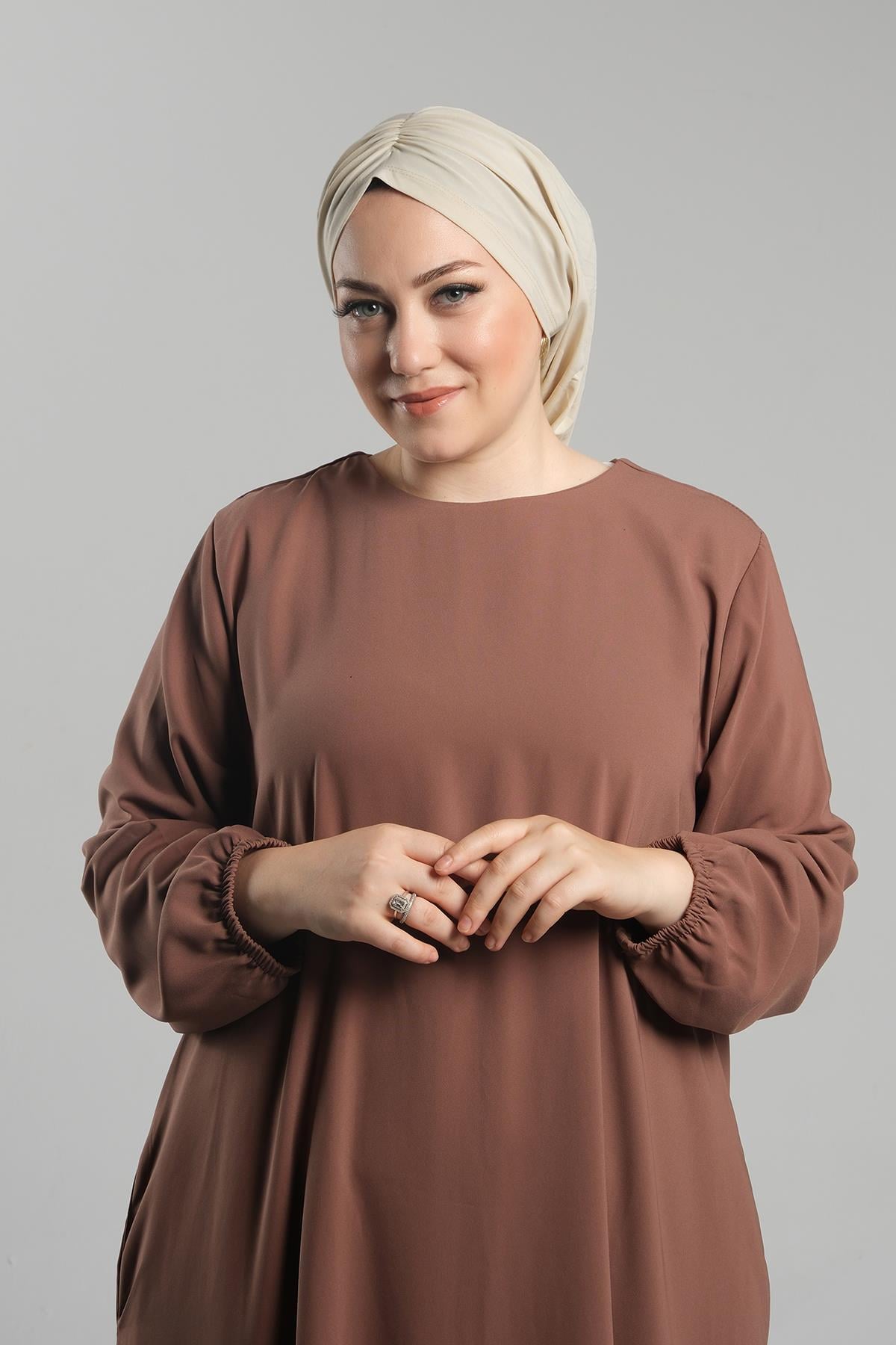 Bej Pratik Hazır Geçmeli Tesettür Bone Sandy Büzgülü Salaş - Hürrem Bone 2119_12