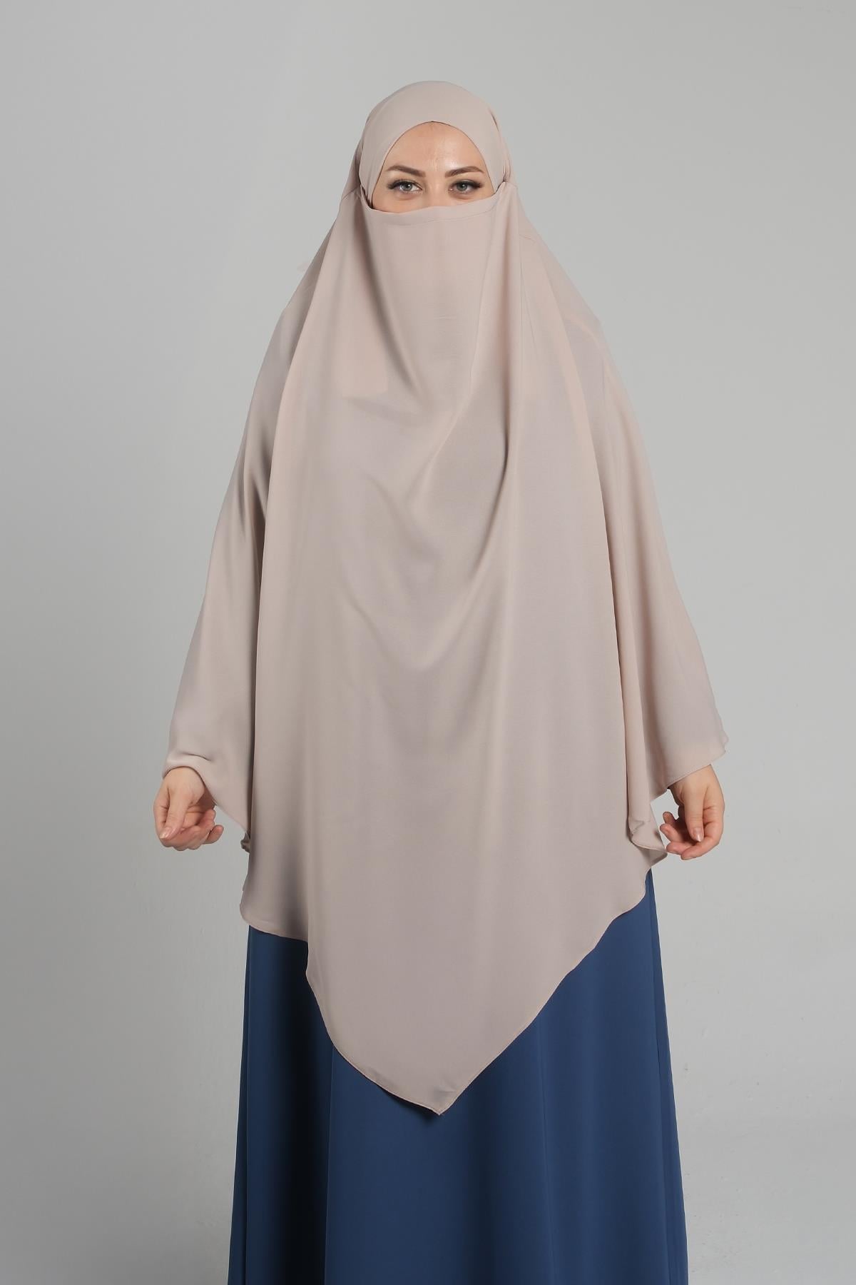 Bej Pratik Hazır Geçmeli Tesettür Eşarp Krep Bağcıklı Çift Katlı Sufle Hijab - Hürrem Bone 2314_12