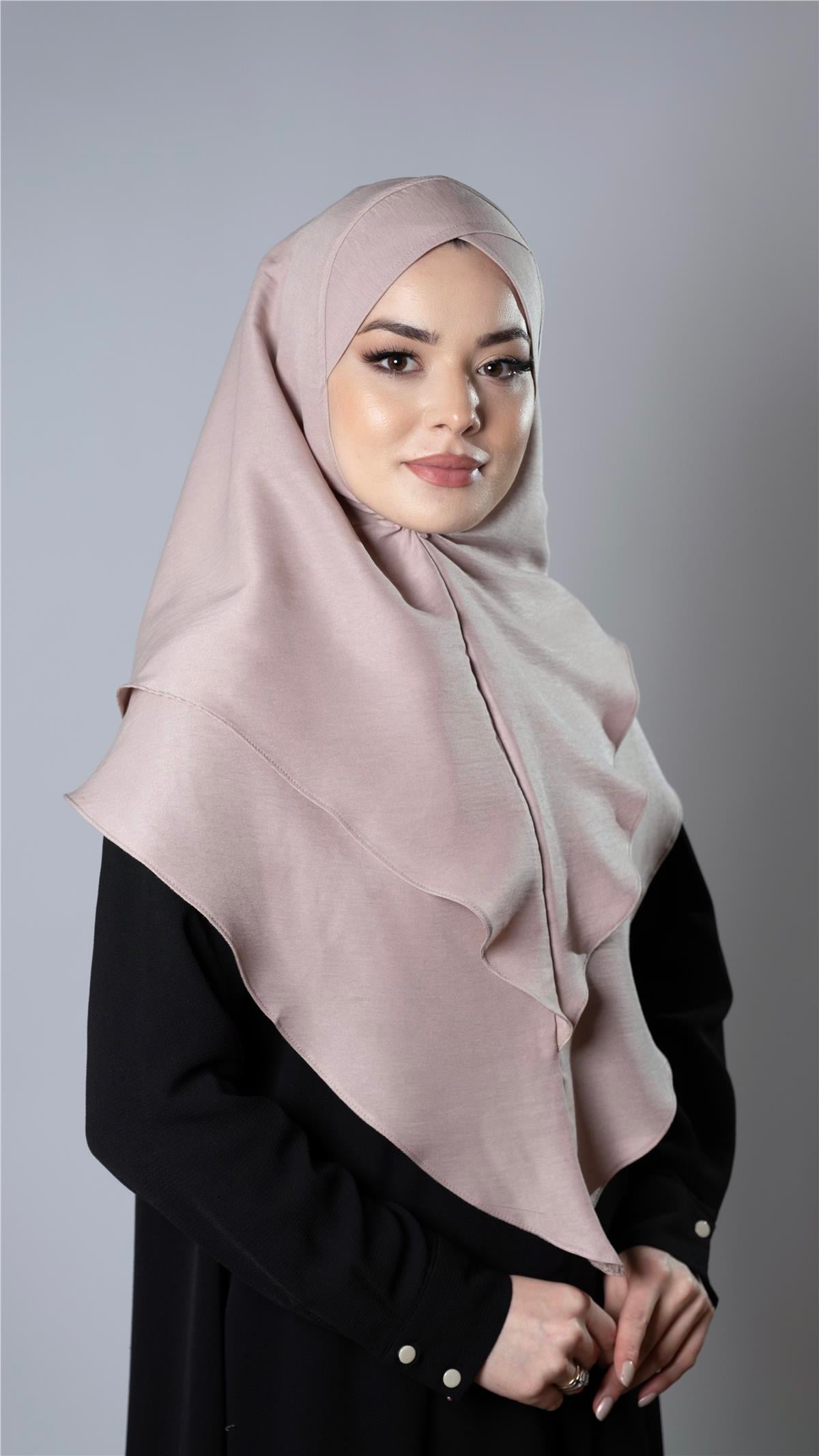 Bej Pratik Hazır Geçmeli Tesettür Eşarp Pamuk Caz Kumaş Çift Katlı Çapraz Hijab - Hürrem Bone 2304_12