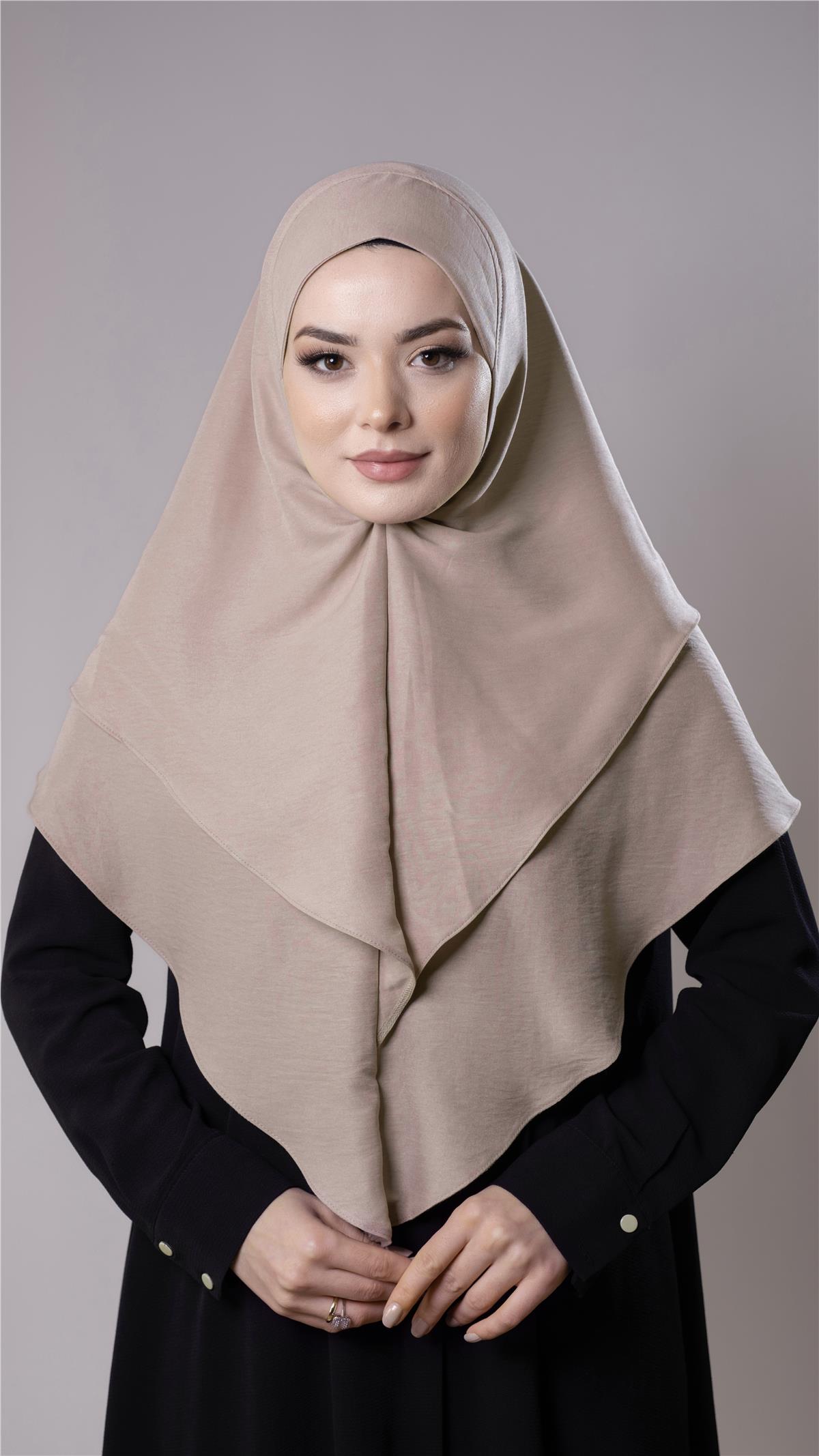 Bej Pratik Hazır Geçmeli Tesettür Eşarp Pamuk Caz Kumaş Çift Katlı Düz Hijab - Hürrem Bone 2303_12