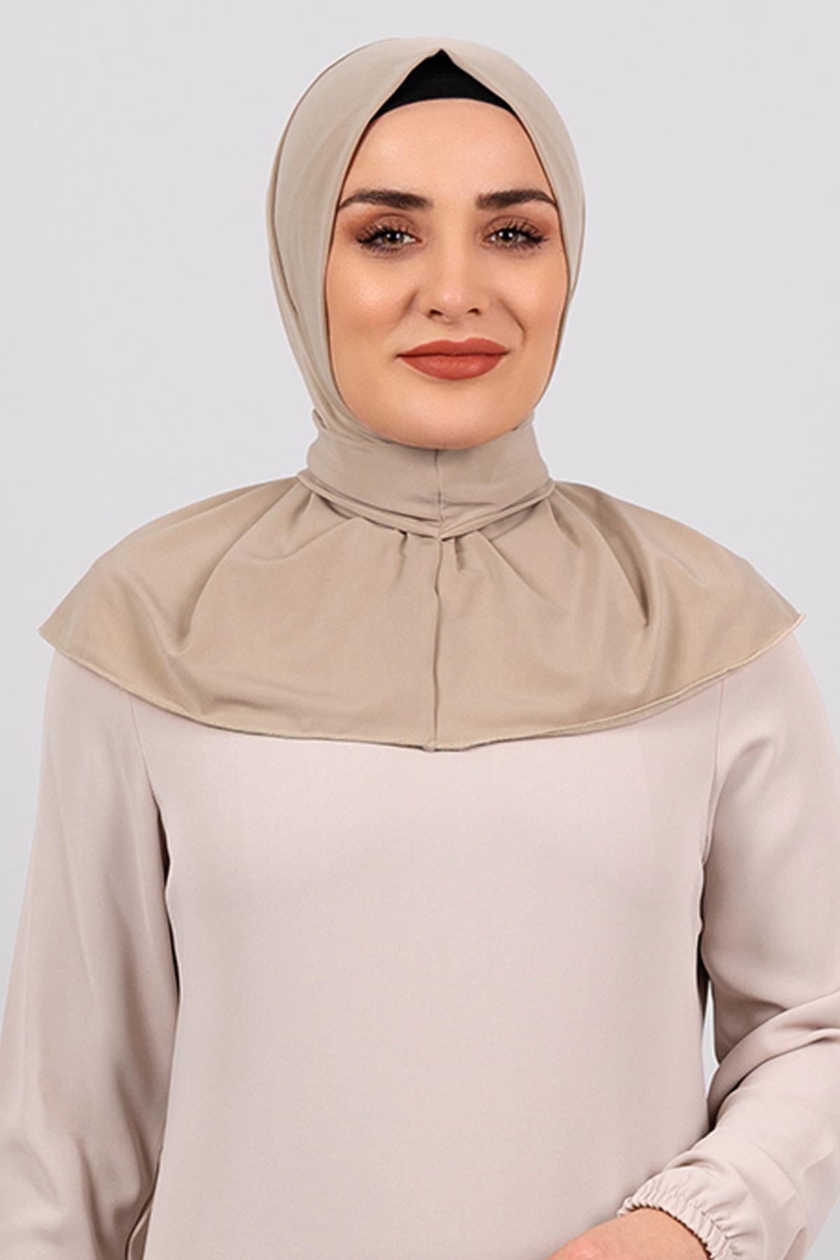 Bej Pratik Hazır Geçmeli Tesettür Eşarp Sandy Kumaş Arkadan Çıtçıtlı - Hürrem Bone 2101_12