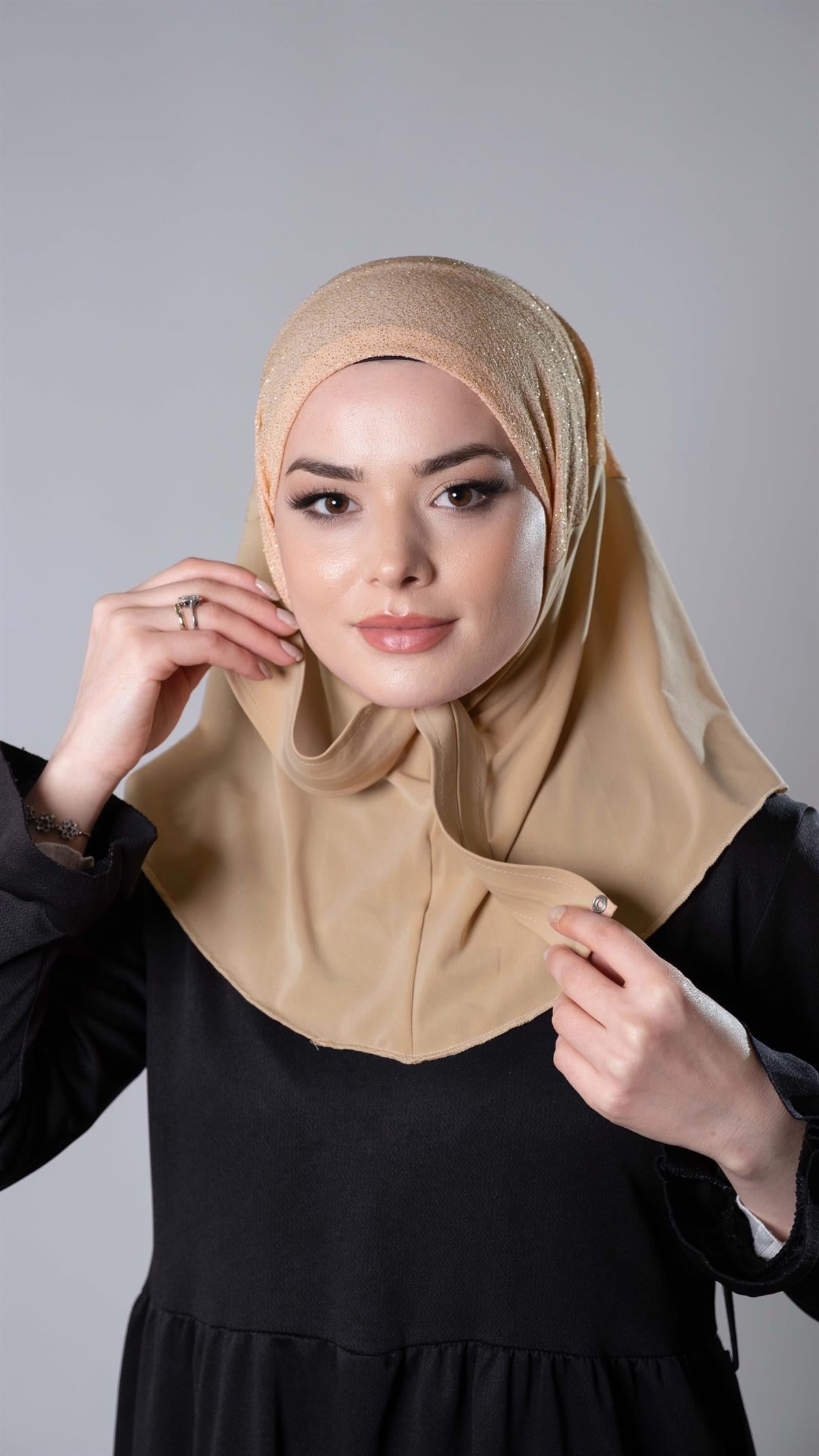 Bej Pratik Hazır Geçmeli Tesettür Eşarp Sandy Kumaş Arkadan Çıtçıtlı - Hürrem Bone 2206_12