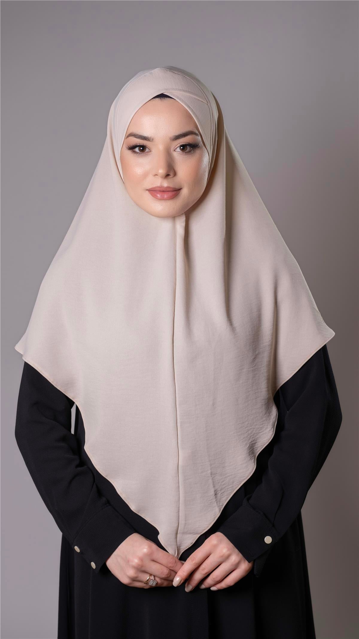 Bej Pratik Hazır Geçmeli Tesettür Eşarp Aerobin Kumaş  Çapraz Hijab - Hürrem Bone 2307_12